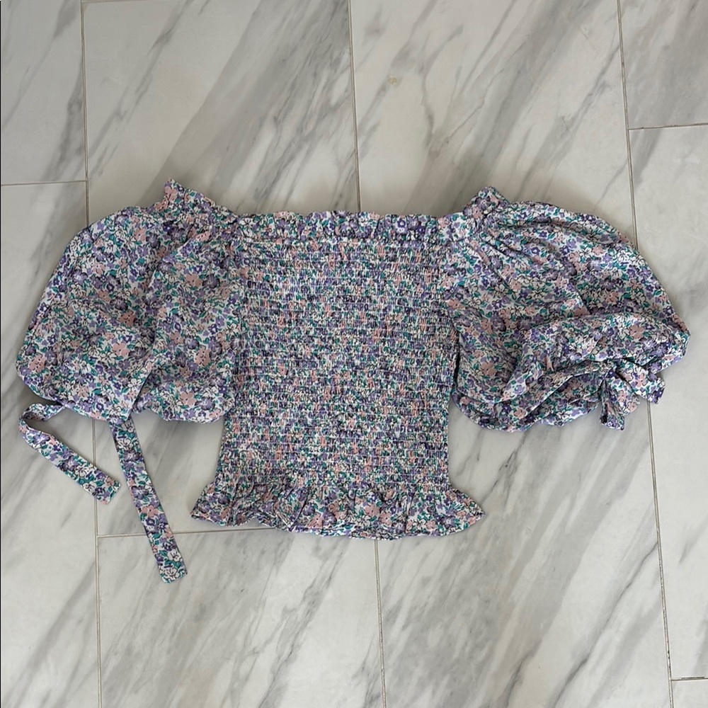 Blue and Pink Puff Sleeve Smocked Blouse. New